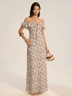 New w/Tags Wild Fable Cream Off-Shoulder Dress with Purple Floral Print